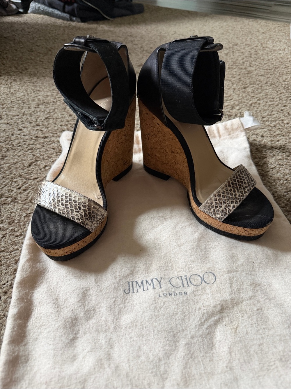 Jimmy Choo Black & Natural Cork Snakeskin Wedge Sandals
